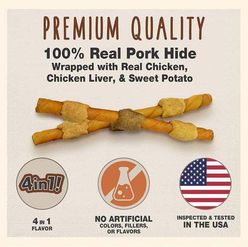 Cadet Gourmet Shish Kabob Dog Treats for Large Dogs, Healthy & Natural Chicken & Sweet Potato Chew Sticks, Pork Hide, Extra Large 10 Inch, 4 Count...