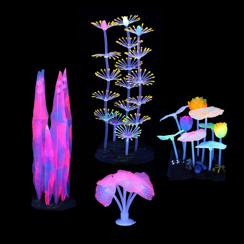 Glowing Fish Tank Decorations Plants, 4 pcs Glow Aquarium Decorations, Glowing Coral Plant Ornaments Lotus Kelp and Anemone...