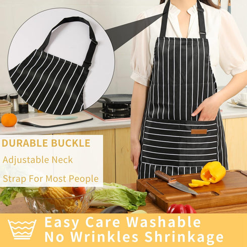 Tosewever 2 Pieces Kitchen Cooking Aprons, Cotton Polyester Blend Adjustable Bib Aprons with 2 Pockets for Women Men Chef Chef (Black/Brown Stripe...