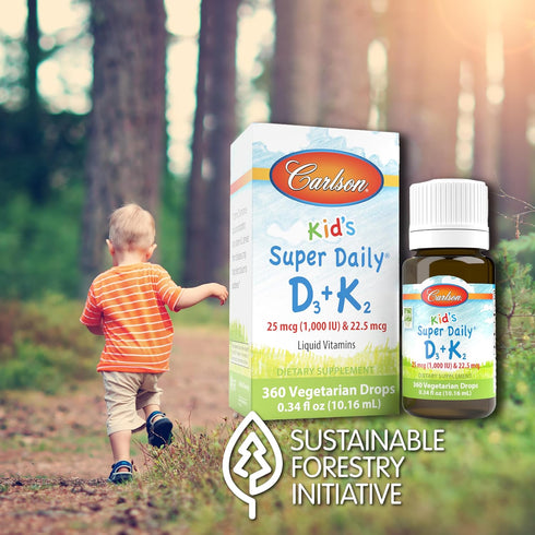 Carlson - Kid's Super Daily D3+K2, 25 mcg (1,000 IU) D3 & 22.5 mcg K2, Vitamin D Drops with Vitamin K2, Liquid Vitamins, 1000 IU Vitamin D3, Heart...