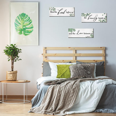 Maitys 3 Pieces Eucalyptus Greenery Wooden Wall Sign Bless Family Food Love Plaque Botanical Leaf Wall Art Green Leaves Rustic Porch Decor Farmhou...