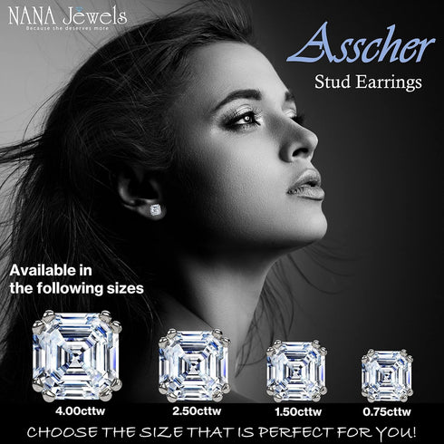 NANA Jewels Asscher Cut 14K Solid Gold Posts & Sterling Silver Simulated Diamond Stud Earrings 0.75 to 4.00ctw CZ...