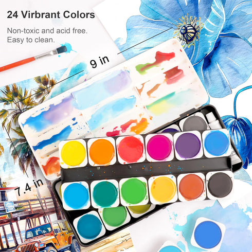AUREUO Kids Watercolor Paint Set - 24 Colors Vibrant Watercolor Cakes with Plastic Palette & Paint Brush for Kids, Students, Beginners & Adults...