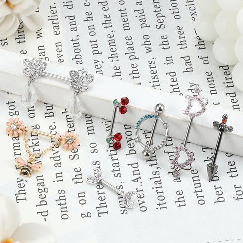 JOERICA 6 Pairs 14G Nipple Rings for Women 316L Stainless Steel Heart Butterfly Moon CZ Flower Barbell Nipple Rings Set Cute Nipplerings Piercing ...
