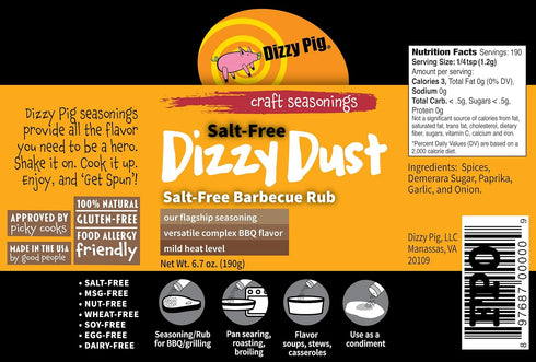 Dizzy Pig Salt Free Dizzy Dust All Purpose Seasoning and BBQ Rub - 6.7oz...