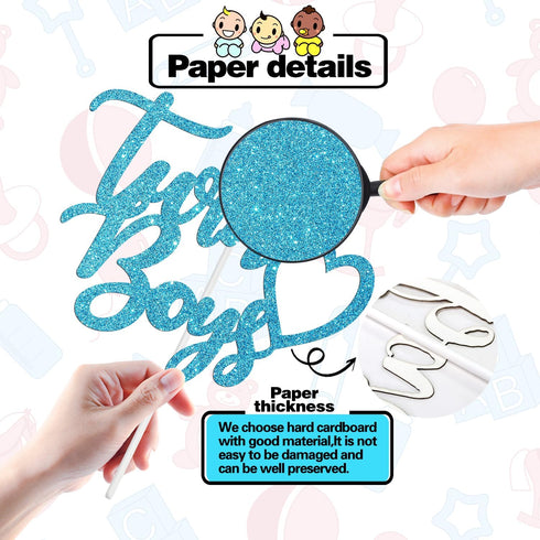 Twin Boys Cake Topper, Baby Shower Cake Decor for Boy, Oh Babies/Gender Reveal/Babies 1st Birthday Party Decorations Supplies, Blue Glitter...