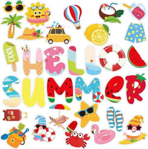 JUNEBRUSHS 71 Pieces Summer Paper Cutouts Bulletin Board Decoration Hawaiian Paper Cutouts Flamingo Beach Bulletin Board Decoration with 100 Adhes...