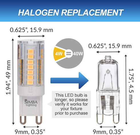 Simba Lighting G9 LED Light Bulb (5 Pack) 4W T4 40W Halogen Replacement for Pendants, Ceiling Lights, Desk Lamp, Wall Sconce, 120V JCD Bi-Pin Base...