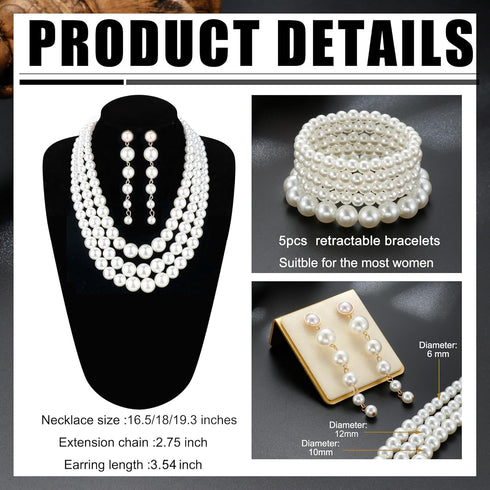 FINREZIO Women's Faux Three Multi-Strand Pearl Necklace Long Pearl Dangle Earrings and Bracelet Jewelry Set for Women...