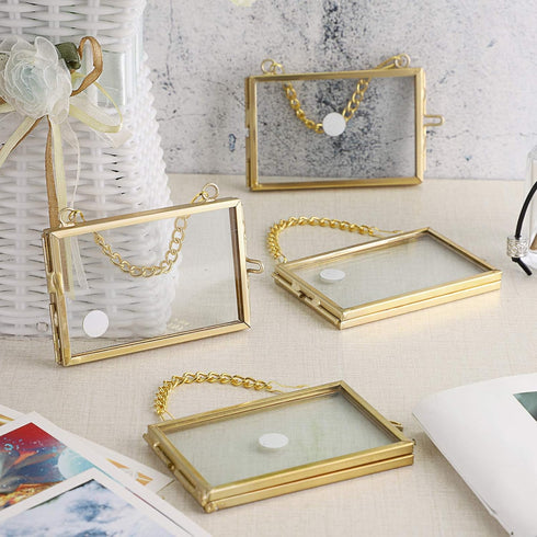 JUXYES Set of 4 Mini Brass Wall Hanging Photo Frame, Glass Hanging Picture Artwork Display Frame, Double Glass Floating Frame Style Gallery Wall F...