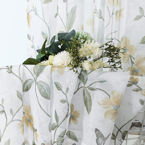 Tollpiz Short Sheer Floral Tier Curtains Yellow Flower Butterfly Printed Half Window Curtain Rod Pocket Kitchen Voile Faux Linen Curtains for Bath...