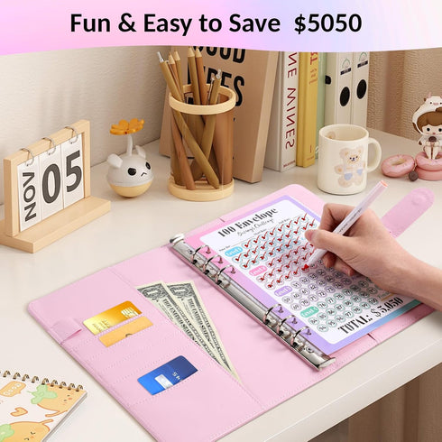Sooez 100 Envelopes Money Saving Challenge, A5 Savings Challenge Book to Save $5,050, Money Saving Binder with Reusable Tracker, Save Challenge Bo...