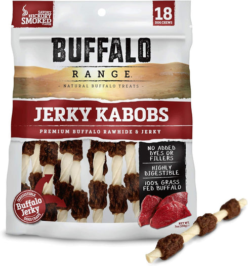 Rawhide Dog Treats | Healthy, Grass-Fed Buffalo Jerky Raw Hide Chews | Hickory Smoked Flavor | Jerky Kabob, 18 Count...