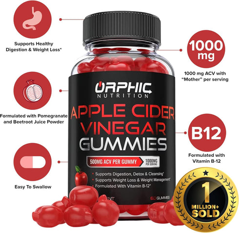 Apple Cider Vinegar Gummies - 1000mg - Formulated to Support Normal Energy Levels & Gut Health - Supports Digestion, Detox & Cleansing - ACV Gummi...