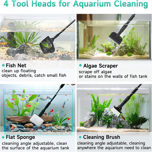 hygger Small Aquarium Cleaning Tools, 4 in 1 Fish Tank Cleaner Kit with Handle,Fish Net,Algae Scraper,Clean Brush,Flat Sponge...