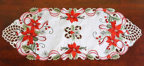 Holiday Christmas Table Runner 13"x34", Cutwork Embroidered Floral Christmas Flower Dresser Sacrf Table Topper for Home Dining Xmas Table Top Deco...