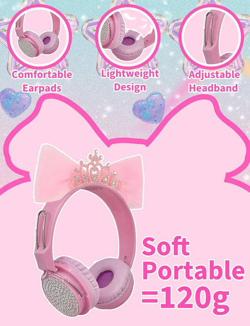 Priness Wired Kids Headphones with Mic for School/Travel,95dB Volume Limited,Shareport,On/Over Ear Bow Headsets with Nylon Cable-Pink...
