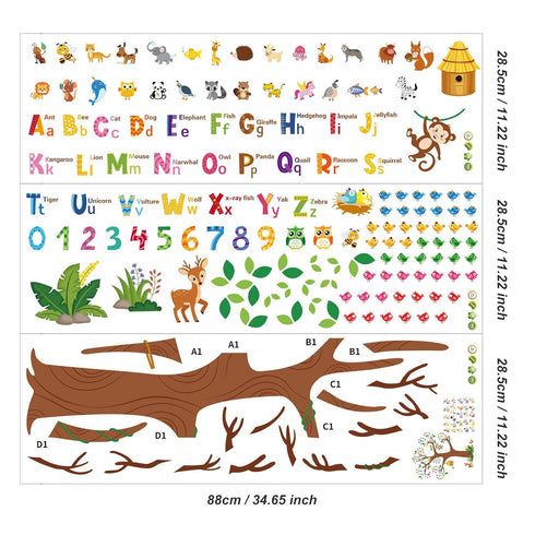Zonon 3 Sheets Animal Alphabet and Numbers Tree Wall Decals Learning ABC Letters Birds Numbers Peel and Stick Wall Decals Home Bedroom Playroom Nu...