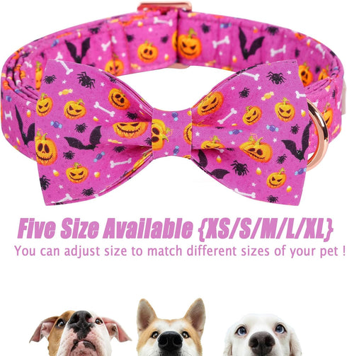 Halloween Boy Dog Collar Bow Tie, Thick Purple Pumpkin Male Dog Collar with Safety Metal Buckle Adjustable Wide Big Collars for Small Medium Large...