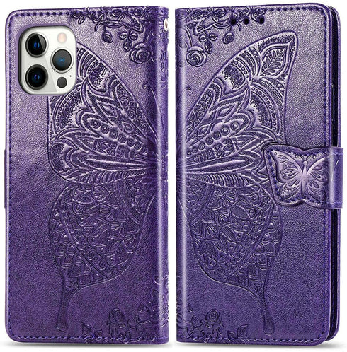 for iPhone 12 Pro/iPhone 12 Wallet Case,Women Flip Folio Cover with Butterfly Embossed PU Leather Kickstand Credit Card Holder Slots Wrist Strap f...