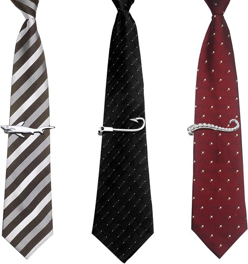 Sanfenly Tie Clips for Men Unique Personalized Cross Shark Fish Hook Sword Gun Guitar Octopus Limb Tree Compass Tie Bar Set...