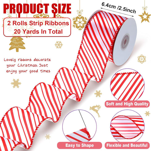 2 Rolls 20 Yards Christmas Peppermint Stripe Ribbon Red and White Wired Ribbons Ribbon Christmas Candy Cane Wired Ribbon Craft Ribbon Wrapping Rib...