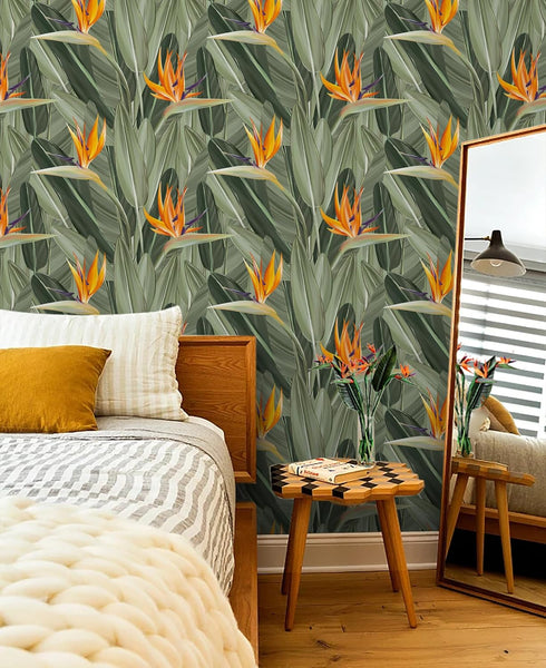 HAOKHOME 93375 Peel and Stick Wallpaper Tropical Florals Removable Stick on Contact Paper for Bedroom Green/Orange 17.7in x 9.8ft...