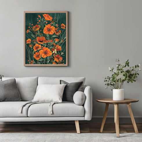Posterizer 1 pcs-orange wild dainty flowers with green background-Floral & Botanical Art-Abstract & Modern Art-Decor for Home & Office- UNFRAMED W...