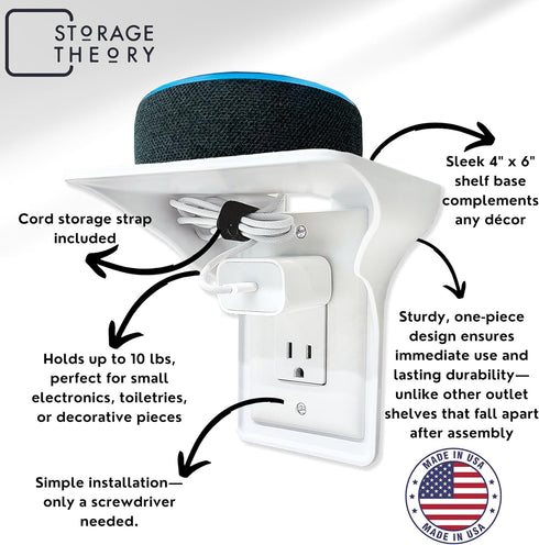 BeraTek Industries Power Perch Outlet Shelf with Cord Storage Strap – Small Wall Shelf for Home Organization – Shelving for Homepod Mini, Router S...
