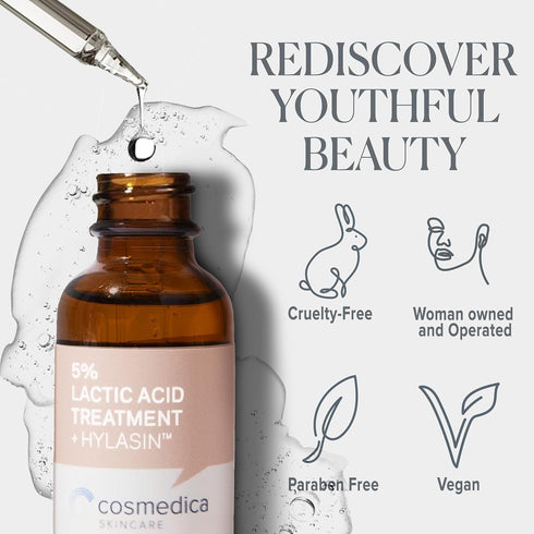 Cosmedica Skincare 5% Lactic Acid Treatment Hylasin - AHA, Hyaluronic Acid, Gentle Exfoliator Dark Spot Corrector, Anti-Aging, Face Peel Brighteni...