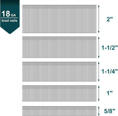 Toicann18 Gauge Galvanized Brad Nails(2",1-1/2",1-1/4",1",5/8") 18 GA Universal Nail Gun Nails for Pneumatic, Electric Brad Nailer (5000)...