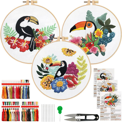 Dremisland 3 Sets Embroidery kit for Beginners Adults Embroidery Starter Kit with Hummingbird Flower Pattern Stamped Cross Stitch Kits DIY Embroid...