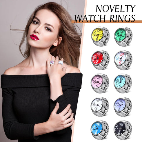 10 Pcs Finger Watches Set Adjustable Ring Watch for Women and Men Creative Elastic Round Quartz Finger Ring Watches...