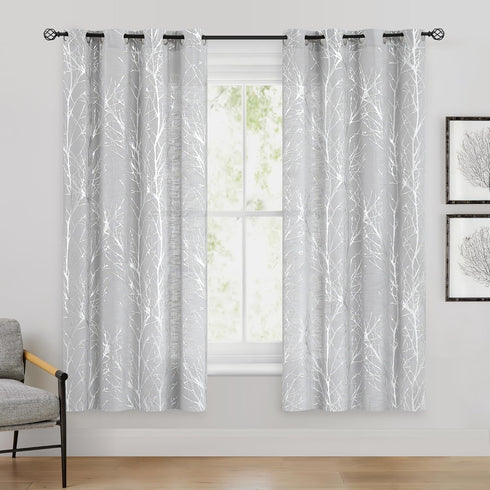 FMFUNCTEX Linen Semi Sheer Curtains for Bedroom and Living Room - Silver Foil 63 Inches Long, Metallic Print Grey Tree Panel for Windows, Light Fi...
