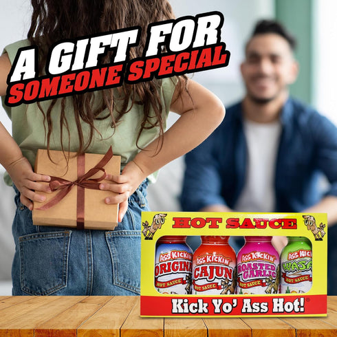 ASS KICKIN' Premium Hot Sauce Bottles Gourmet Gift Set Travel Size – .75 oz. 4 Pack - Try if you dare! – Perfect Gourmet Christmas Gifts for the H...