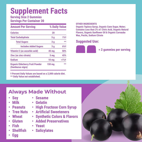 Hyland's Naturals Organic Elderberry Plus Gummies, Organic Black Elderberry with ZINC and Vitamin C, Immune Support Supplement for Adults, 60 Vega...