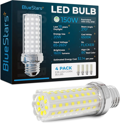BlueStars SUPER BRIGHT 4 Packs 20W E26 E27 LED Corn Light Bulbs, 150W Equivalent 6500K Cool Daylight White 1600 lumens Non-dimmable for Home Garag...