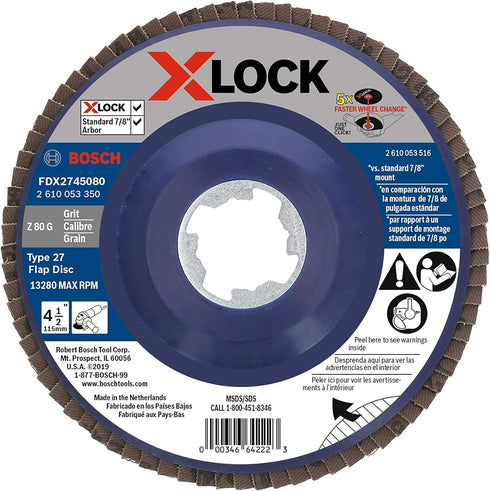 BOSCH FDX2750080 1-Piece 5 In. X-LOCK Flap Disc 80 Grit Compatible with 7/8 In. Arbor Type 27 for Applications in Metal Blending and Grinding...