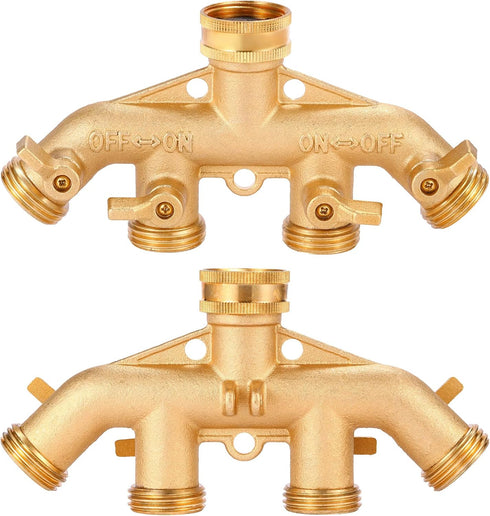 4 Way Heavy Duty Brass Garden Hose Splitter, Hose Connector 3/4", Hose Spigot Adapter with 4 Valves...