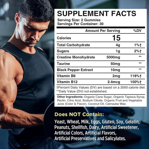 Creatine Monohydrate Gummies for Men & Women, Creatine Pre-Workout Gummies, Taurine&B6, Increase Strength, Energy & Endurance Chewable Creatine Gu...