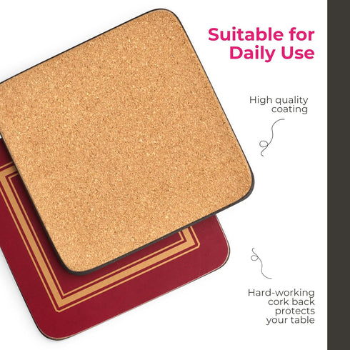 Pimpernel Classic Burgundy Drink Coasters Set of 6 - Heat & Stain Resistant Square Coasters with Non-Slip Cork Backing for Hot and Cold Beverages ...