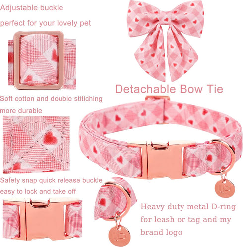 Valentine Dog Collar with Bow Tie, Valentine Bowtie Collar for Large Girl Boy Dog, Cotton Collar with Metal Buckle, Valentine’s Day Gift Pet Colla...
