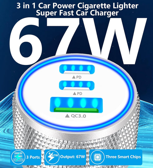 USB C Car Charger, Rombica 3-Port 67W Dual PD USB-C&USB-A Car Power Cigarette Lighter Adapter PD/QC3.0 Type C Car Charger Fast Charging for iPhone...