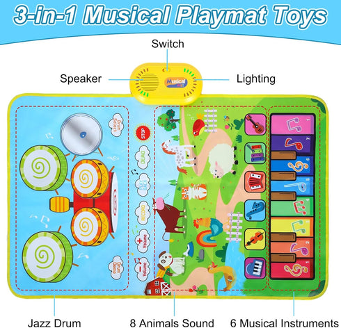 Toys for 1 Year Old Boys and Girls: Love&Mini 3 in 1 Musical Mat for Toddlers 1-3 with Drum 6 Musical Instrument and 8 Animals Sounds Piano Mat To...