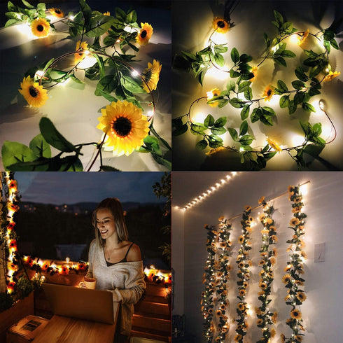 2 Pack 8.8FT Artificial Sunflower Garland with 100 LED Fairy String Lights,Fake Vines Faux Sunflowers Hanging Garland Silk Flowers Hanging Plant f...