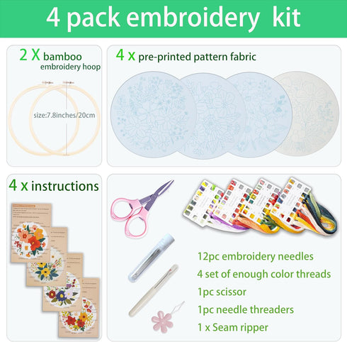 SQIALOUN 4 Sets Embroidery kit for Beginners Adults and Kids with Patterns, Beginner Embroidery Kit, Embroidery Kits for Adults,Hand Embroidery Ki...