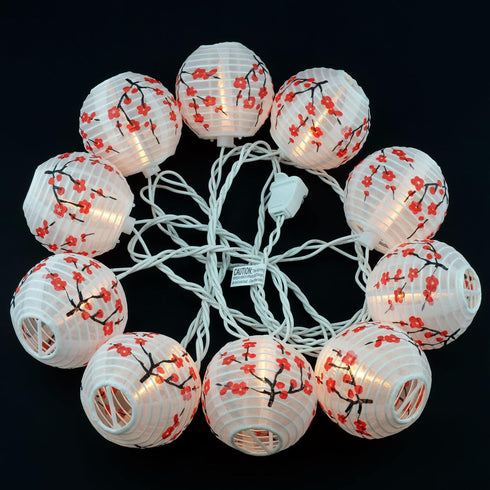 YULETIME Plum Blossom Lantern String Lights, 10 Count Nylon Lantern on 7.6' White Wire, UL Listed 8" Spacing End-to-end Connectable Plug-in String...