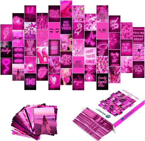 WOONKIT Pink Neon Wall Collage Kit Aesthetic Pictures, Trendy Room Decor for Teen Girls, Pink , 50pcs 4x6 Inch...