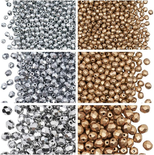Set of Czech Faceted Glass Beads, Fire-Polished, Round 3mm, 4mm, 6mm. Two colors: Silver and gold. A total of 500 Pieces. Kit for Jewelry Making....