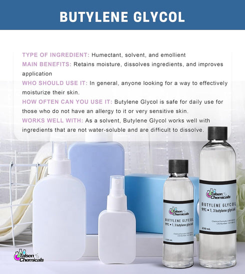 Butylene Glycol (250 mL / 8.45 Oz), Butylene Glycol is an Emollient That Prevents Water Loss from The Skin's Surface, Butylene Glycol by Talsen Ch...